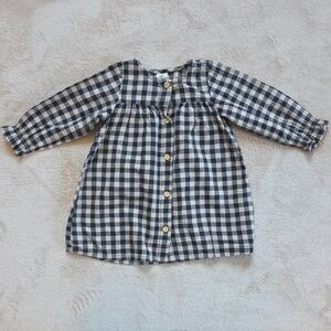 H&M Long Sleeve Cotton Dress Dark Grey Checked